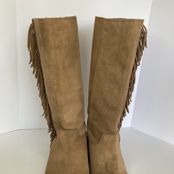 Lucky Brand Boot LK Grayer 7.5M Suede Tan Pullon Flyaway Fringe Mid-Calf Western - Picture 7 of 11